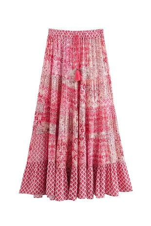 PATCHWORK PRINT ELASTIC WAIST RUFFLE MAXI SKIRT