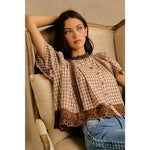 Gingham Check Lace Trim Flutter Sleeves Blouse Top- Brown