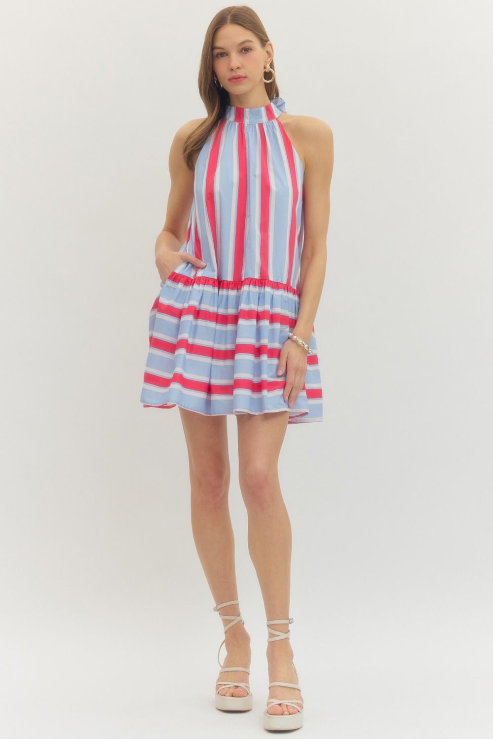 Laurel Striped Tie Neck Halter Mini Dress with Side Pockets- Red/Blue