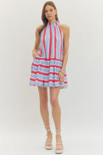 Laurel Striped Tie Neck Halter Mini Dress with Side Pockets- Red/Blue