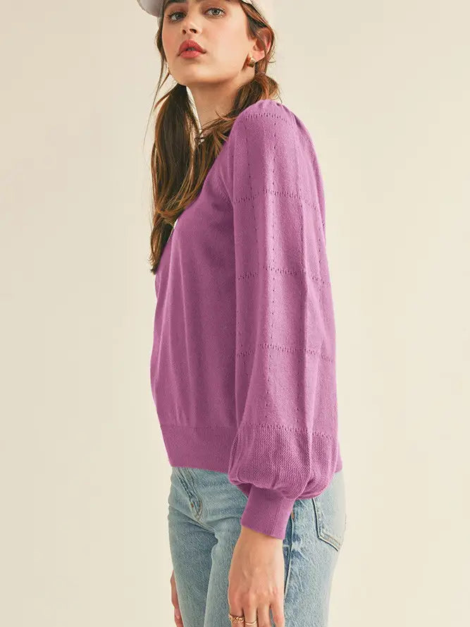 Pointelle Puff Sleeve Sweater -Mulberry