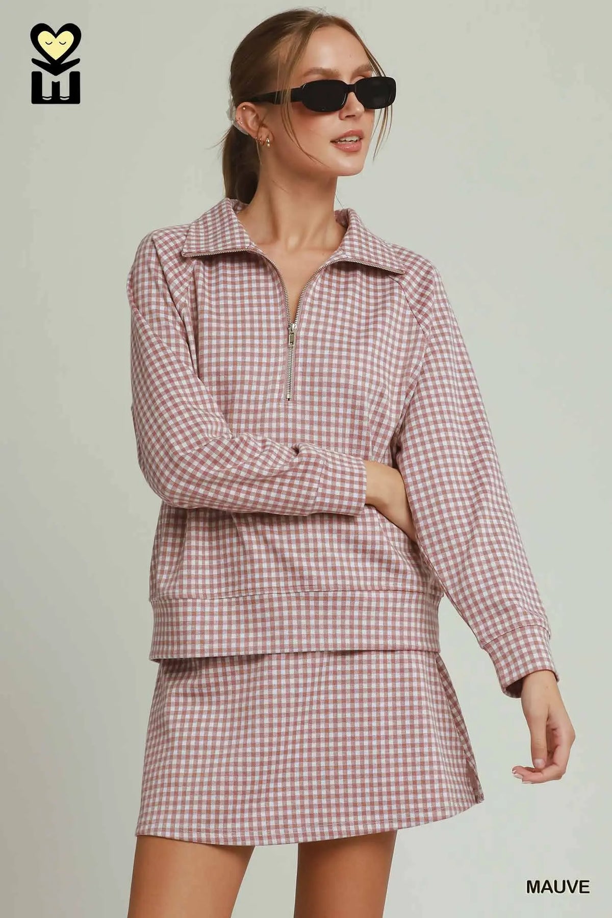 Gingham Plaid Half Zip Pullover and Skirt SET ( built in shorts) - Mauve