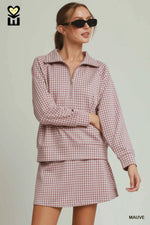 Gingham Plaid Half Zip Pullover and Skirt SET ( built in shorts) - Mauve