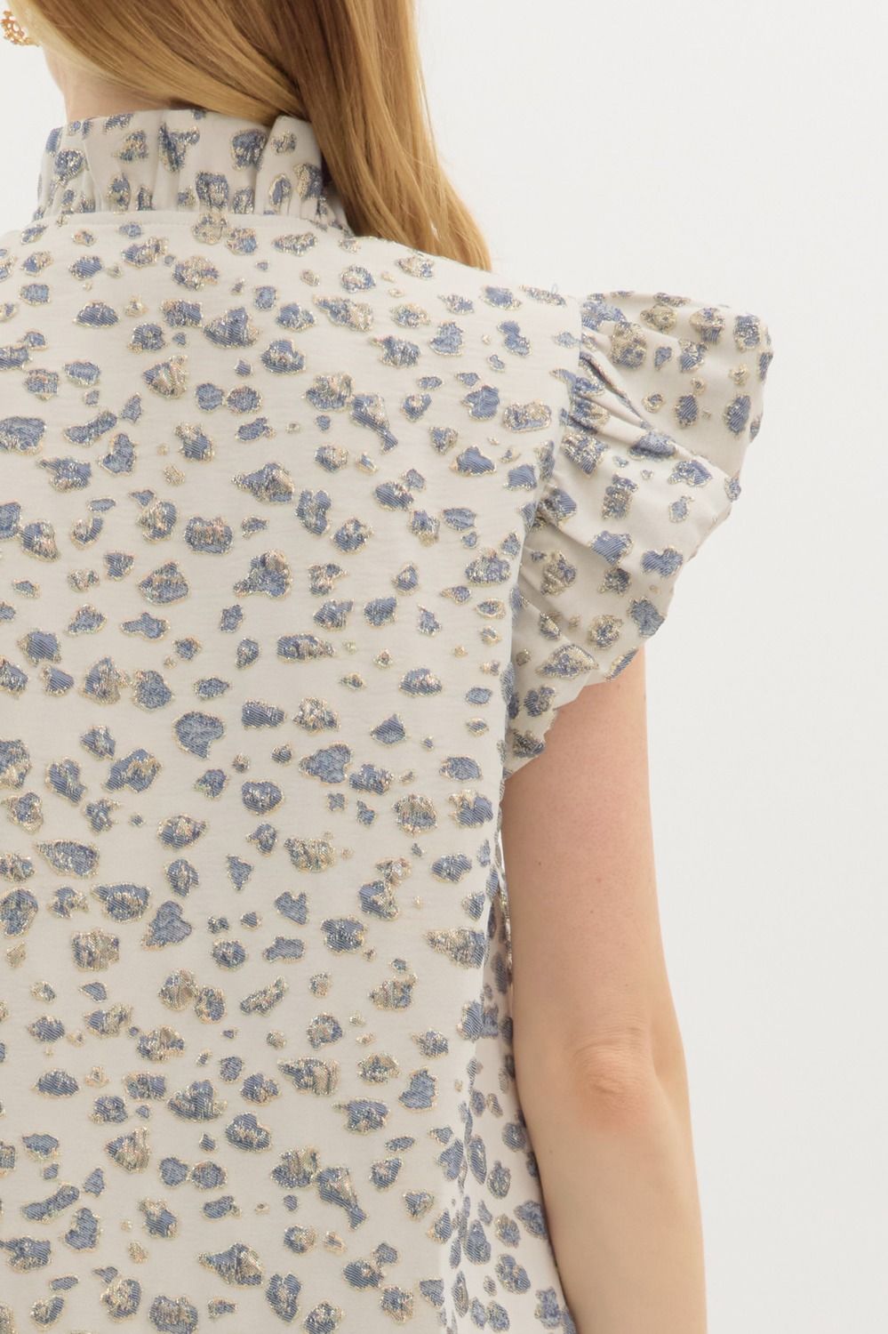 Metallic Textured Pattern Button Front Mini Dress featuring Ruffle Neck and Shoulder with Side Pockets ** available in Lemon Gold Or Navy Gold