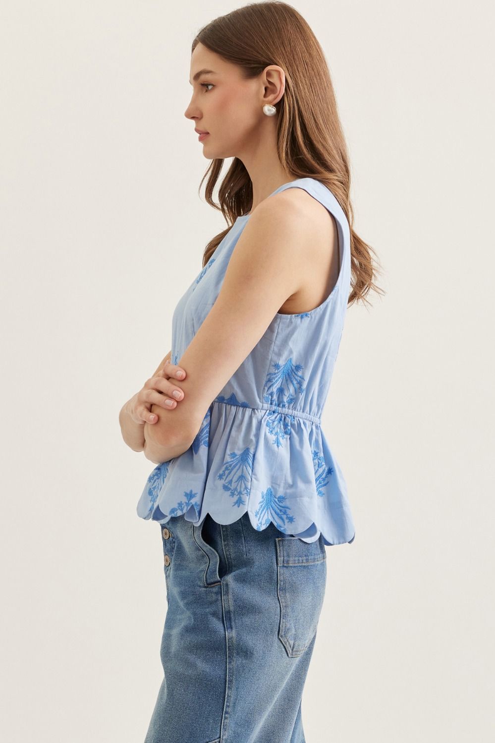 Mila Embroided Light Blue Peplum Top