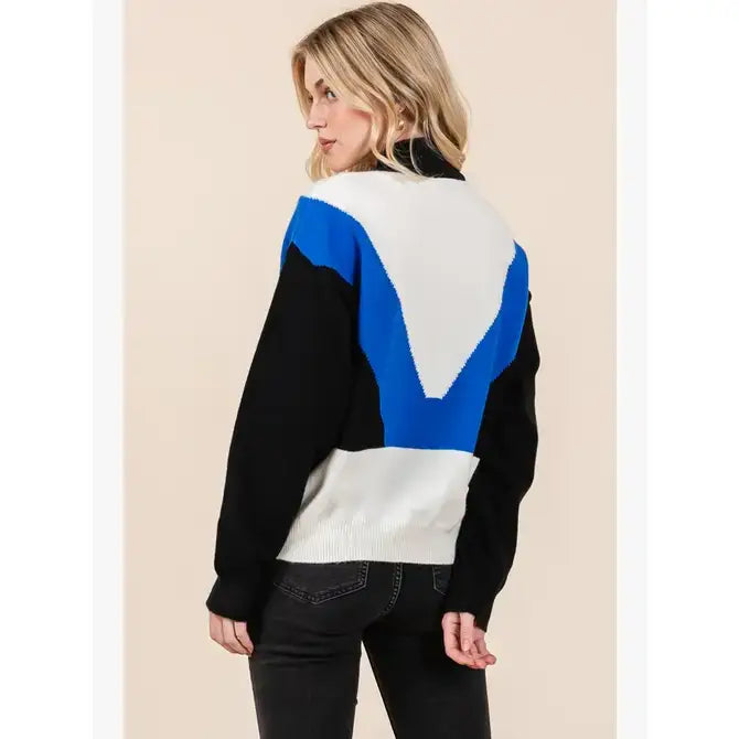 Color Block Button Down Sweater- Black, Royal and Cream