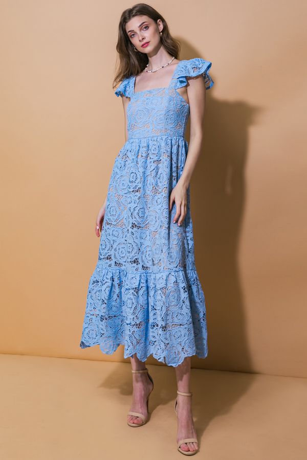 Carolina Blue Square Neckline Lace Midi