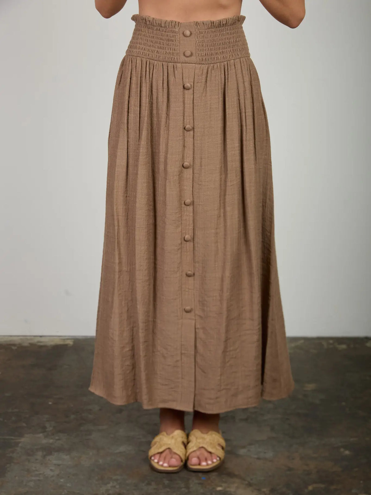 Mocha Lightweight Smocked Waist Ruffle Detail Button Midi Skirt and Side Tie Top SET
