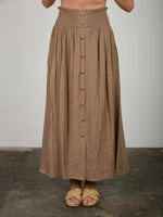 Mocha Lightweight Smocked Waist Ruffle Detail Button Midi Skirt and Side Tie Top SET