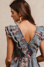 Vintage Floral Ruched V Neck Denim Peplum Top