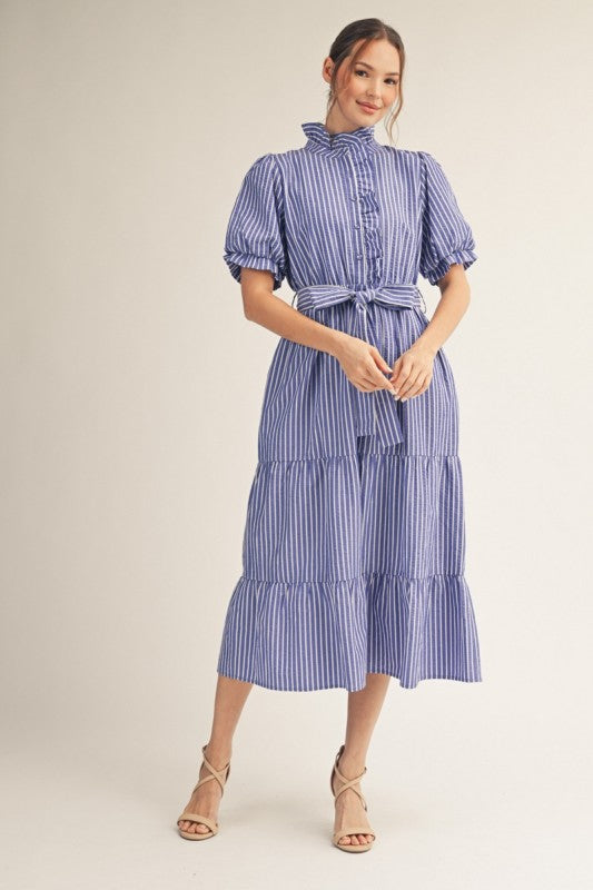 Seaside Ruffle Detail Tiered Striped Midi Dress /Blue/White
