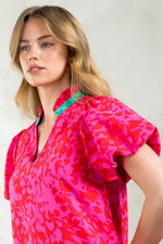 THML Pink Floral Puff Sleeve Mini Dress with Green Contrast Collar and Ruffle Hem
