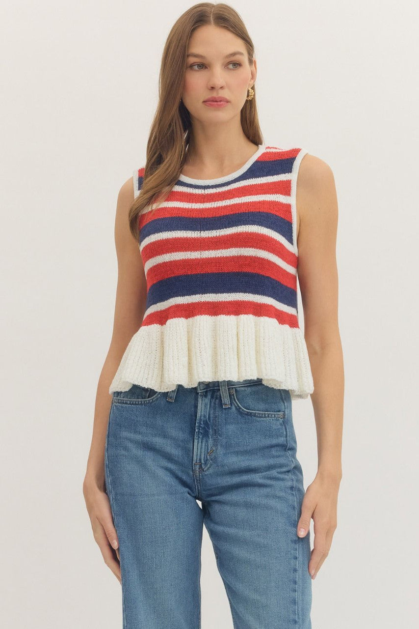 Jules Lightweight Striped Peplum Top- Red/Navy
