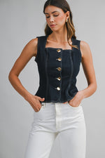 Denim Square Neck Gold Button Down Top by Mable