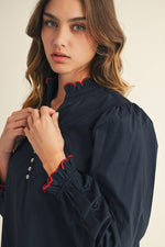 Margo Ruffle Detail Navy Shift Mini with Red Contrast Piping