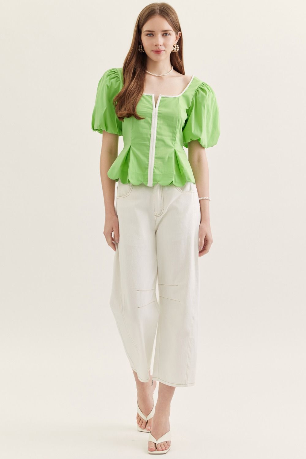 Apple Puff Sleeve Peplum Top with Contrasting Binding