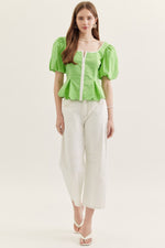 Apple Puff Sleeve Peplum Top with Contrasting Binding