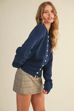 Marled Knit Sweater Cardigan- Navy