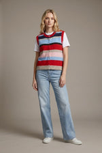Mila Multi Striped Sleevless Button Front Sweater Vest - Red/Blue Mix