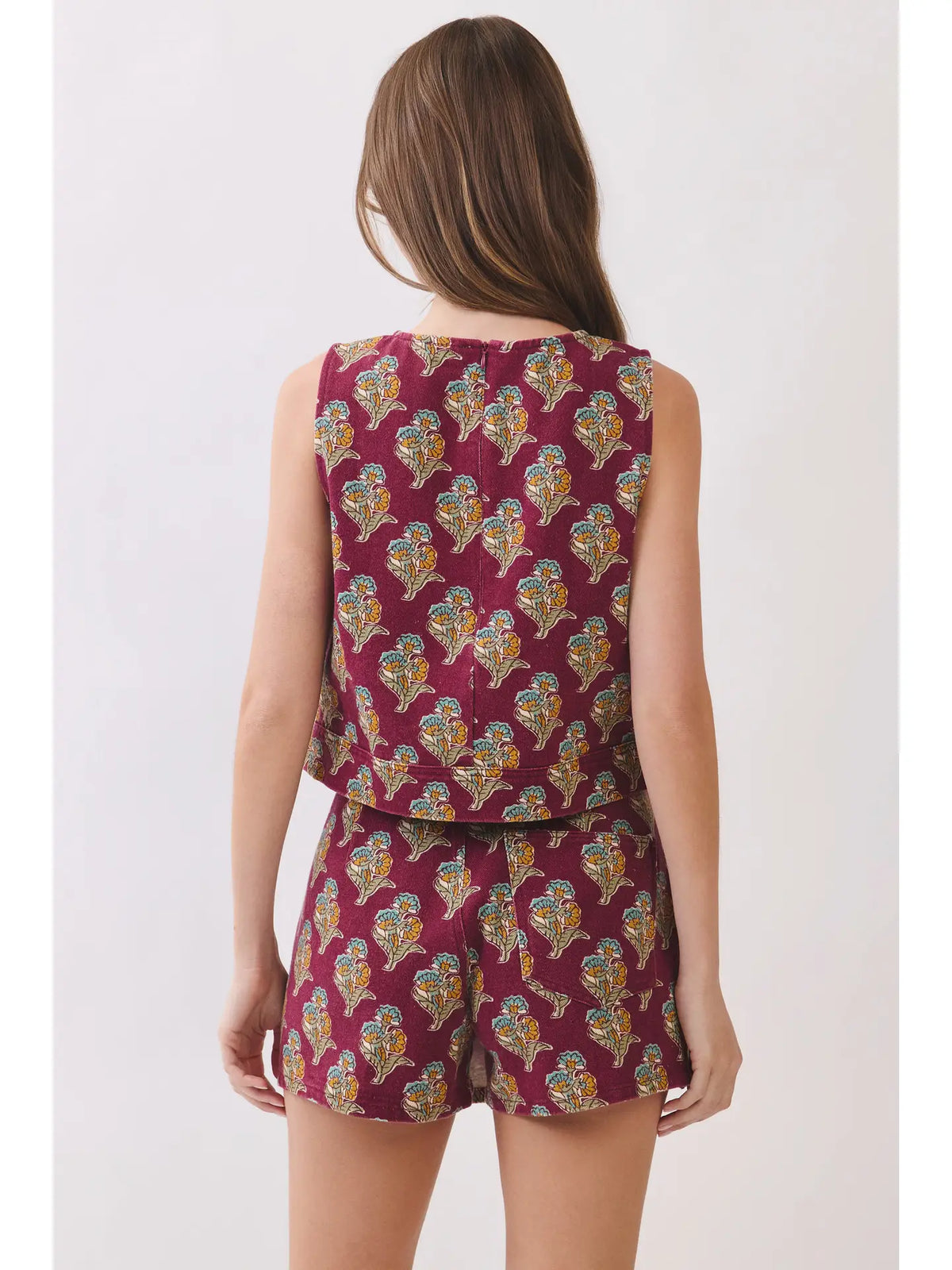 Floral Print Sleeveless Crop Top and Wrap Front Design Skort SET- Burgundy Wine