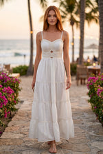 Remy Cord Trim Tiered Maxi Dress- White