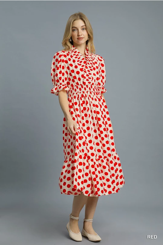 Plaza Red Polka Dot Midi featuring a Smocked Waist and Ruffle V Neck