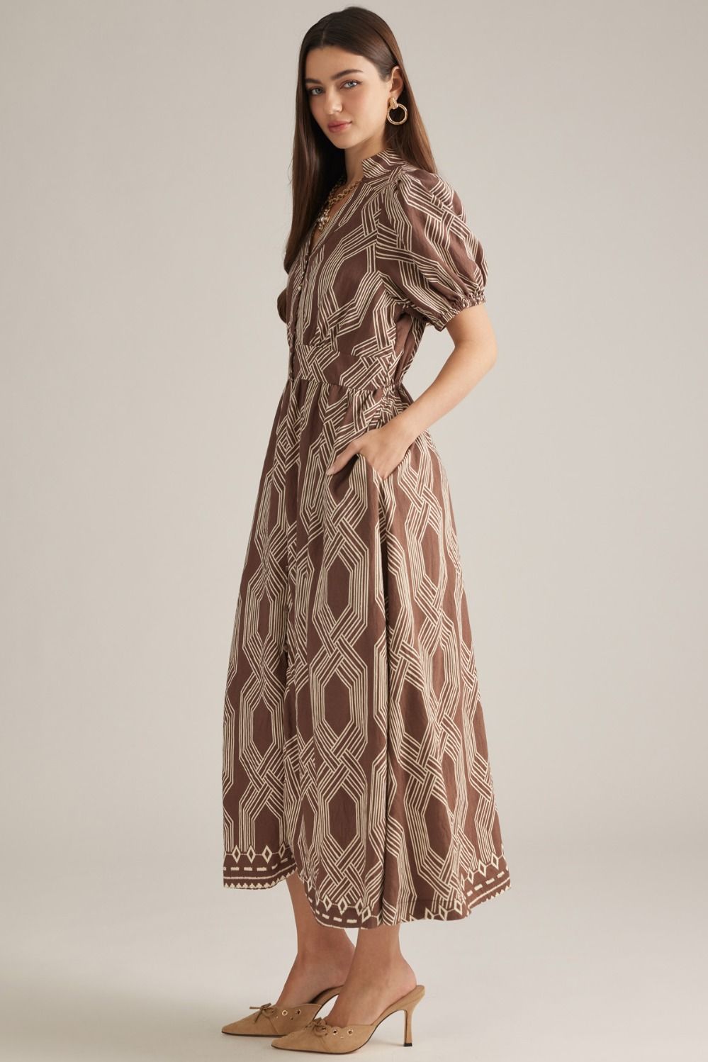 Reese Printed Puff Sleeve Midi Dress - Coffee