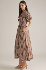 Reese Printed Puff Sleeve Midi Dress - Coffee