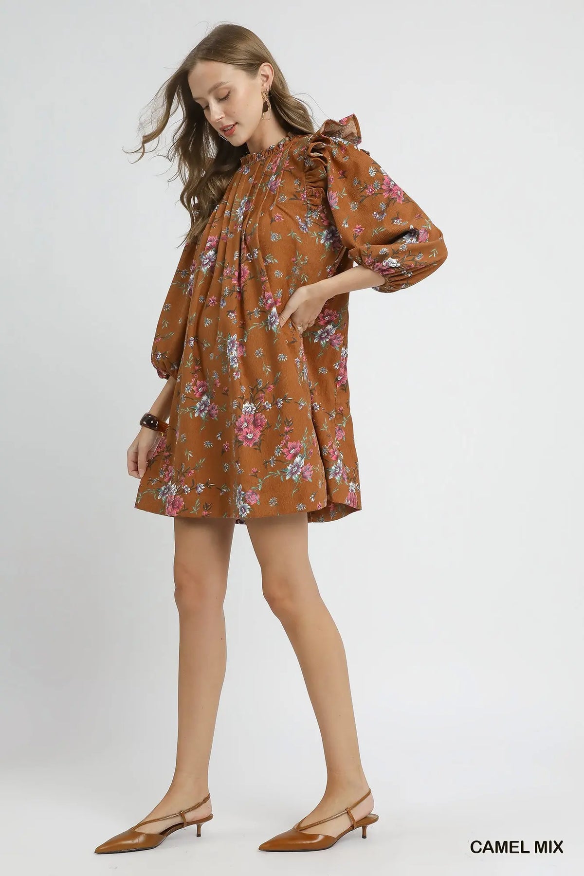 Camel Floral Ruffle Shoulder Mini Dress