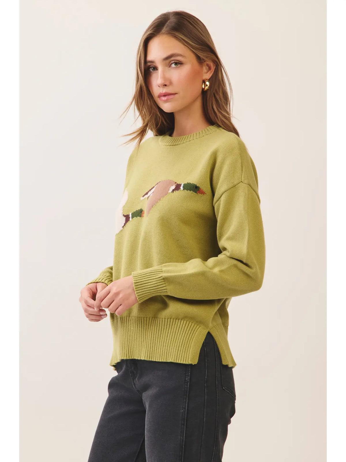 Flying Duck Intarsia Crew Neck Sweater- Chartreuse