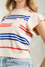 THML CREAM KNIT TOP WITH RED AND BLUE STRIPE AND POCKET DETAIL