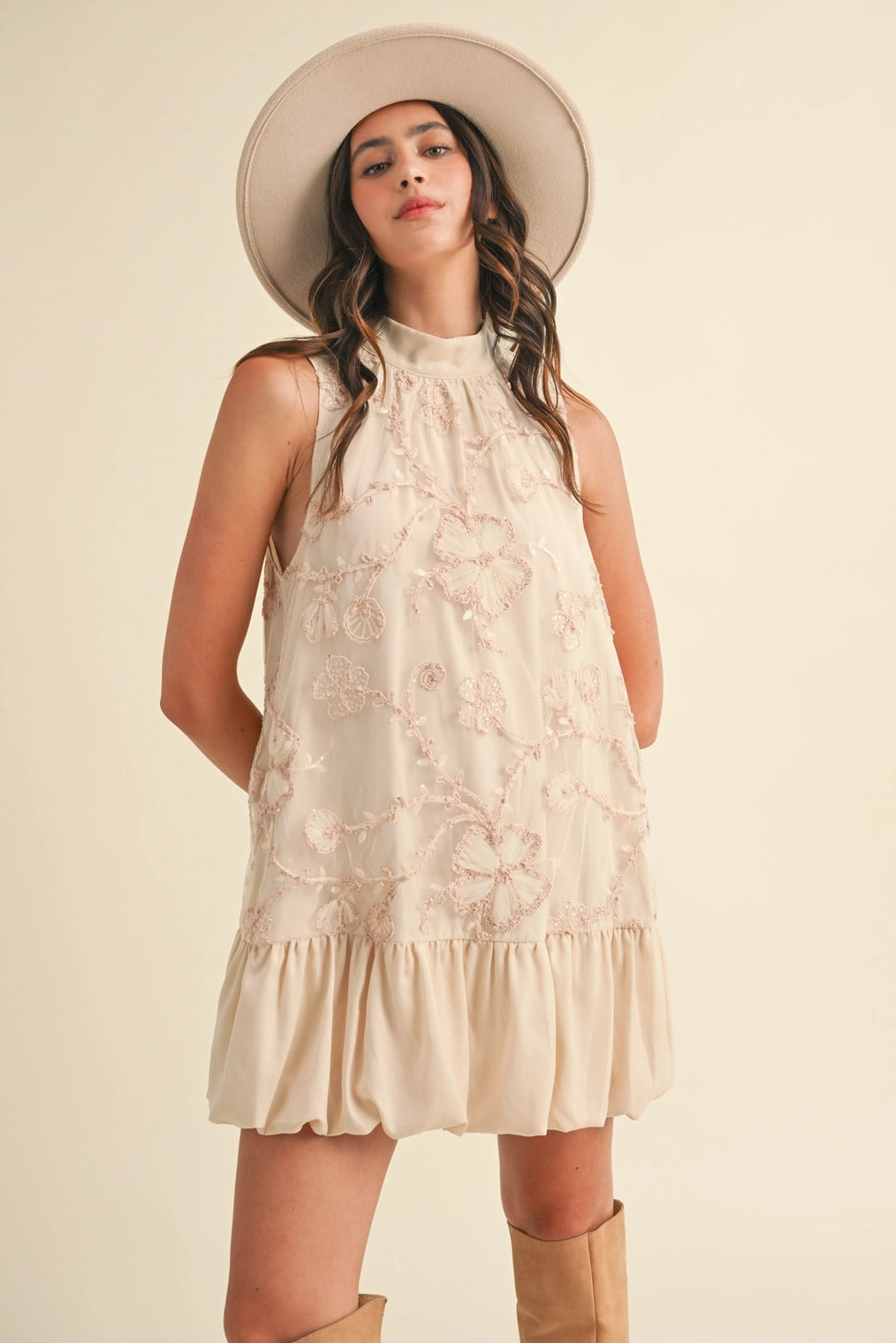 Bubble Hem Embellished Mixed Media Mini Dress - Creamy Blush