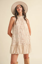 Bubble Hem Embellished Mixed Media Mini Dress - Creamy Blush