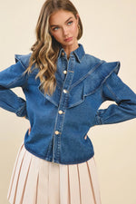 Harley Oversized Ruffle Yoke Collared Neckline Denim Top/Jacket with Gold Button