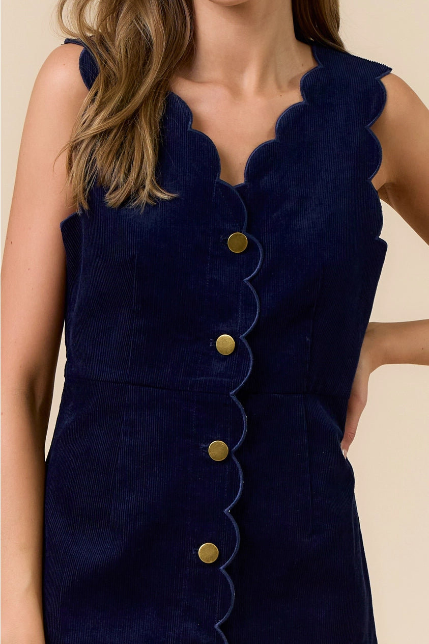 Vivian Navy Corduroy Scallop Edge Button Down Mini Dress