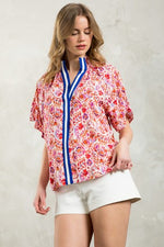 THML Short Sleeve Floral Top with Royal Stripe Detail