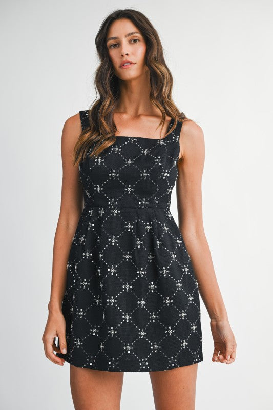 Square Neck Sequin Embellished Mini Dress- Black