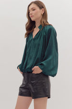 Shiny Hunter Green Bubble Hem Long Sleeve Top