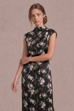 Olivia Satin Mock Neck Brushed Floral Maxi Dress- Black/Olive