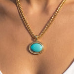 Oval Stone Pendant Double Layer Chain Necklace- Turquoise