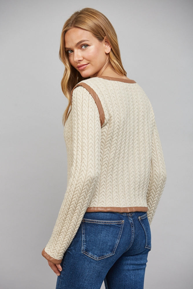 Charlotte Camel Leather Trim Cable Knit Sweater by FATE