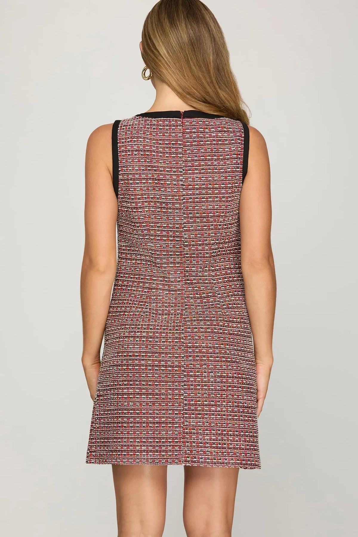 RED SLEEVELESS TWEED DRESS WITH BLACK BOW DETAIL