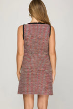RED SLEEVELESS TWEED DRESS WITH BLACK BOW DETAIL