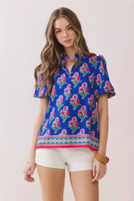 Clara Floral Print Contrast Border Hem Split Neck Blouse- Royal
