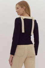 Black and Ivory Square Neck Top with Double Shoulder Bow Detail