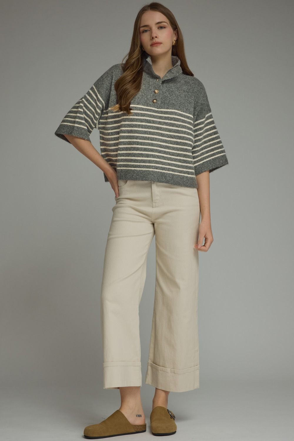 Gray Striped Collar Boxy Sweater Top