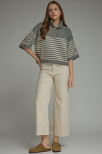 Gray Striped Collar Boxy Sweater Top