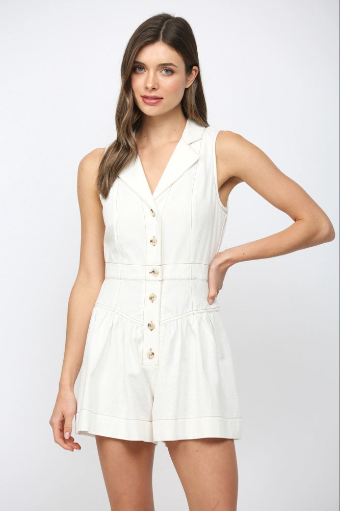 Virginia Top Stitch Detail Collared Button Front Romper by Fate
