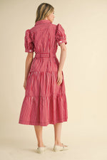 Venice Red Striped Button Down Midi Dress with Tie Waist