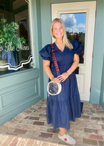 V- NECK NAVY POPLIN MIDI WITH CINCH SLEEVE DETAIL